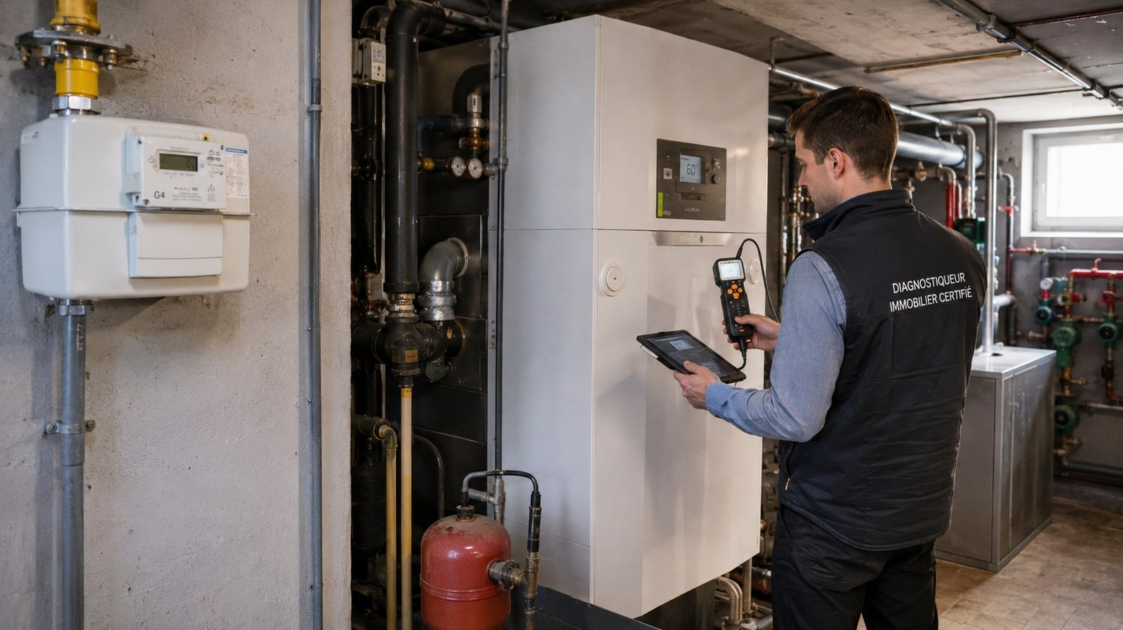 Diagnostiqueur immobilier certifié inspectant la chaufferie collective d'une copropriété pour réaliser le DPE collectif