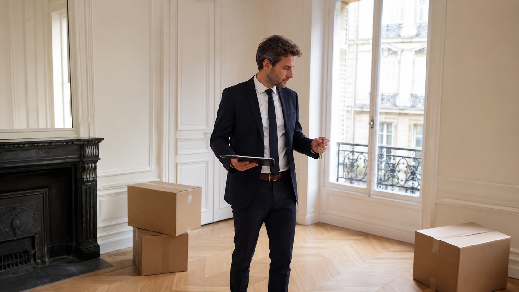 Agent immobilier réalisant un état des lieux de sortie avec tablette et clés