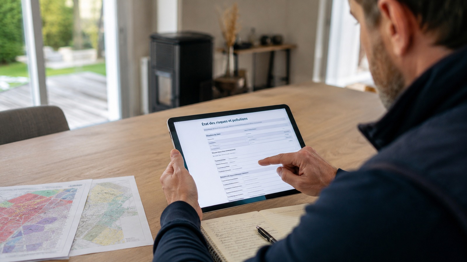 Professionnel consultant le formulaire ERP (État des Risques et Pollutions) sur tablette - durée de validité diagnostics immobiliers